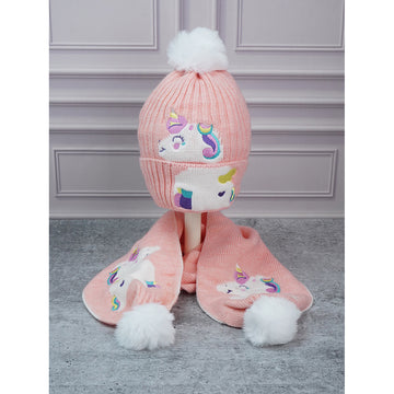 2pcs Peach Unicorn themed Beanie Winter Cap with matching Long style Neck Muffler for Kids, 4-10 Years