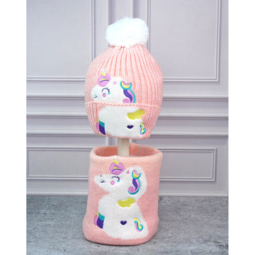 2pcs Peach Unicorn themed Beanie Winter Cap with matching Neck Cuff style Muffler for Kids, 4-10 Years
