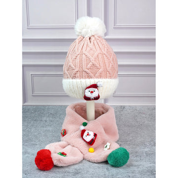 2pcs Pink Santa Christmas themed Winter Cap Beanie with matching Long style Neck Muffler for Kids, 3-10 Years