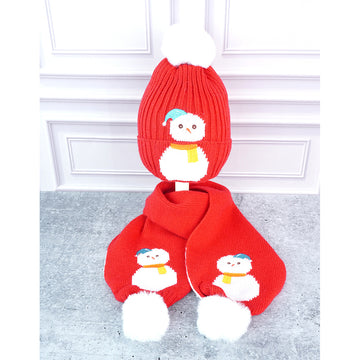 2Pcs Red Snowman Themed Beanie Winter Cap With Matching Long Style Neck Mufflers For Kids, 4-10 Years