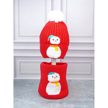 2pcs Red Snowman themed Beanie Winter Cap with matching Neck Cuff style Muffler for Kids, 4-10 Years