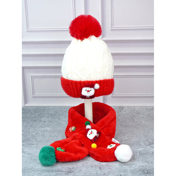 2pcs Red Santa Christmas themed Winter Cap Beanie with matching Long style Neck Muffler for Kids, 3-10 Years