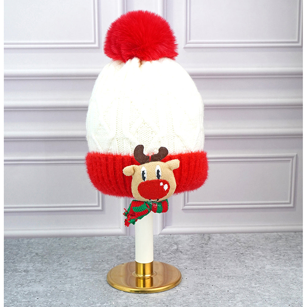 2pcs White Reindeer themed Winter Cap Beanie with matching Long style Neck Muffler for Kids, 3-10 Years