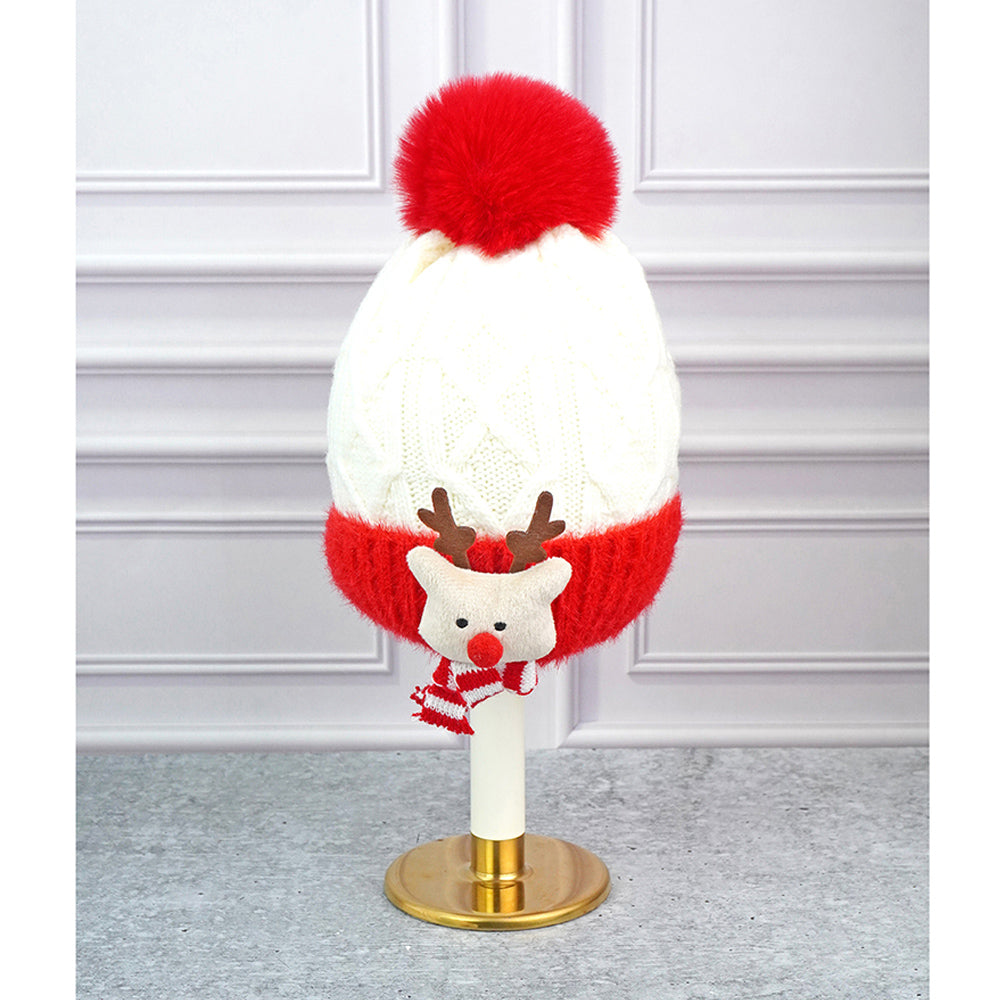 2pcs White, Red Nose Reindeer themed Winter Cap Beanie with matching Long style Neck Muffler for Kids, 3-10 Years