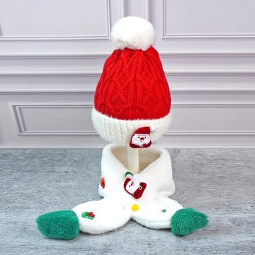 2pcs White Santa Christmas themed Winter Cap Beanie with matching Long style Neck Muffler for Kids, 3-10 Years