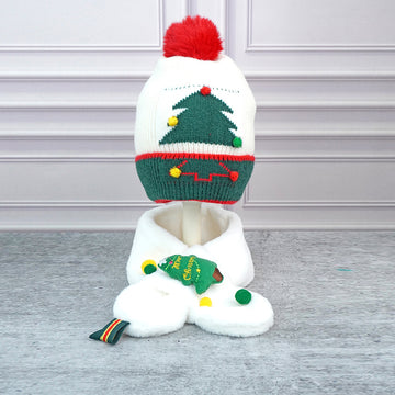 2pcs White Tree Christmas themed Winter Cap Beanie with matching Long style Neck Muffler for Kids, 3-10 Years