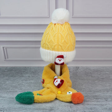 2pcs Yellow Santa Christmas themed Winter Cap Beanie with matching Long style Neck Muffler for Kids, 3-10 Years