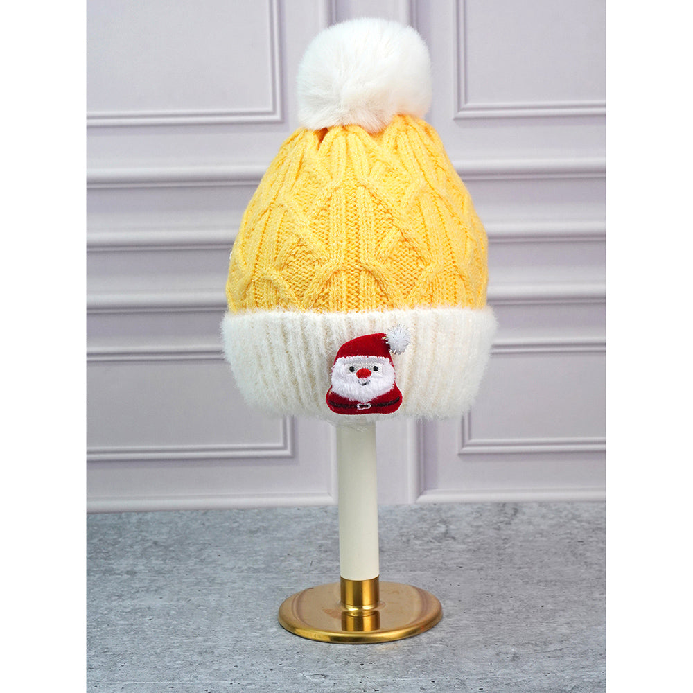 2pcs Yellow Santa Christmas themed Winter Cap Beanie with matching Long style Neck Muffler for Kids, 3-10 Years