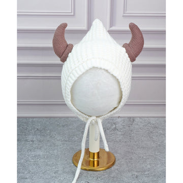White Baby Horns Knitted soft Woolen Winter Cap with tie up, 6-18 months