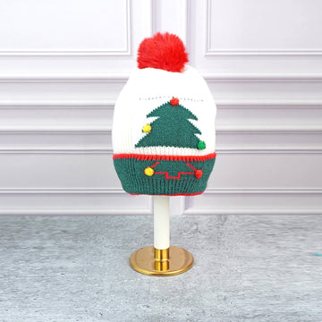 White XMAS Tree Christmas themed Woolen Winter Cap Beanie for kids, 3-10 Years