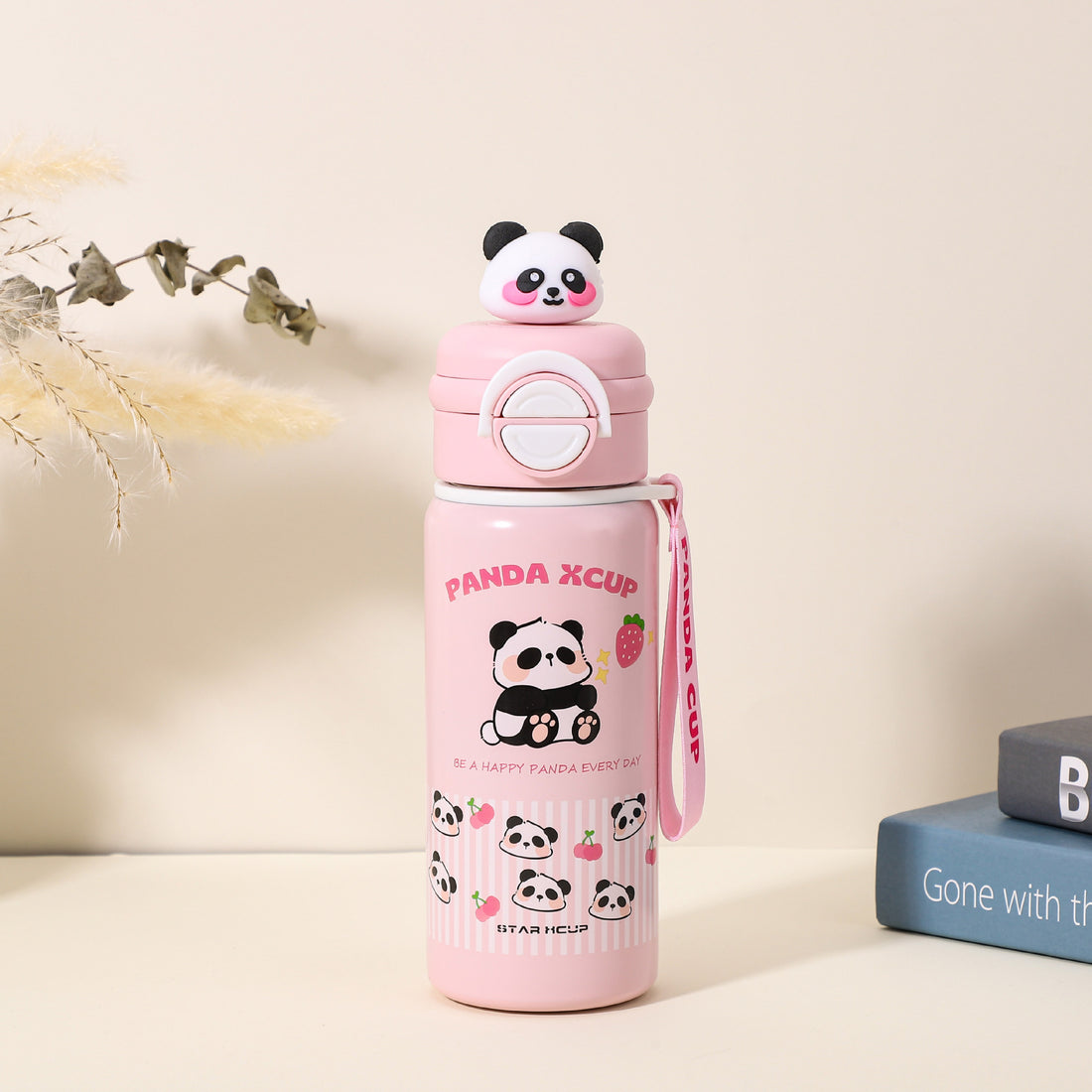 Pink Stripes 3d Panda Stainless Steel Kids Water Bottle, 550ml