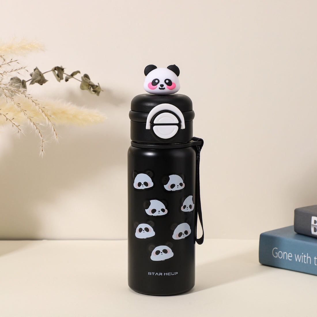 Black 3d Panda Stainless Steel Kids Water Bottle, 550ml