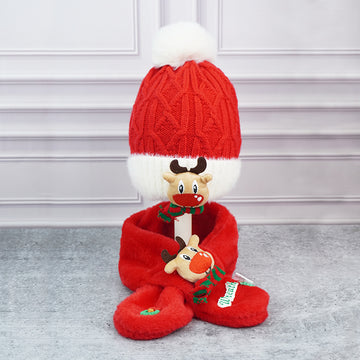 2pcs Red Reindeer themed Winter Cap Beanie with matching Long style Neck Muffler for Kids, 3-10 Years