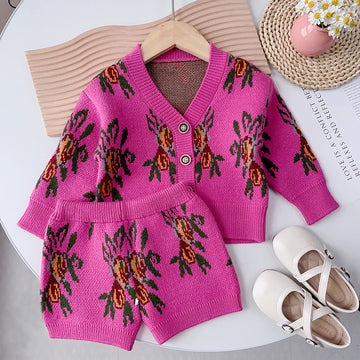 2 pcs Magenta Flower Bunch Knitted Cardigan and shorts Winter wear set