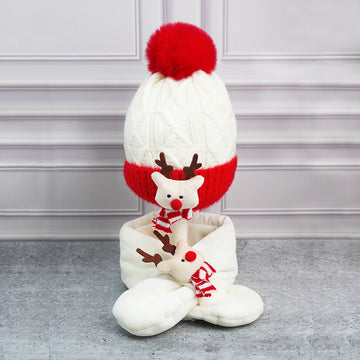 2pcs White, Red Nose Reindeer themed Winter Cap Beanie with matching Long style Neck Muffler for Kids, 3-10 Years