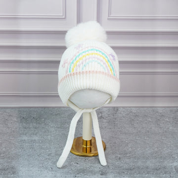 Cream Embroidered Rainbow Knitted Woolen Winter Cap/ Beanie for Kids, 3-10 Years
