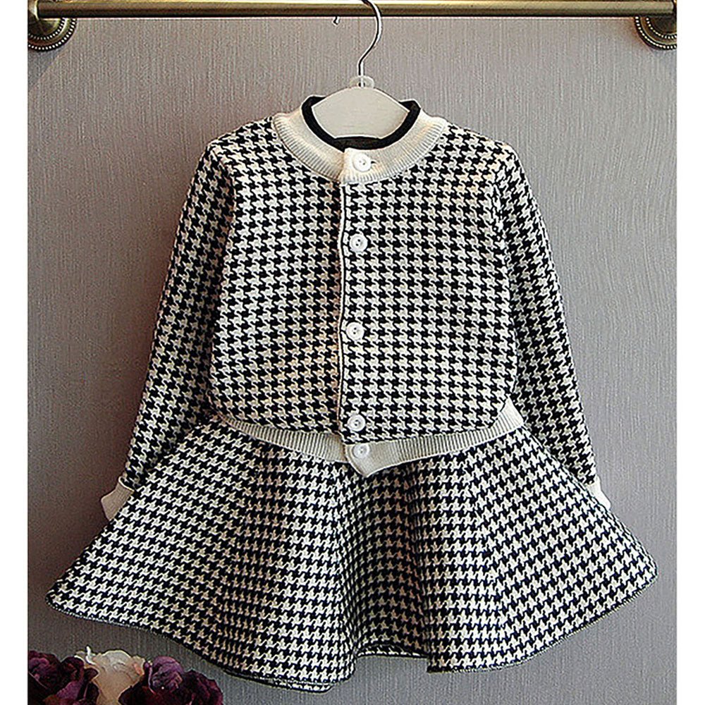 Black Houndstooth pcs Cardigan skirt Winterwear set for Girls