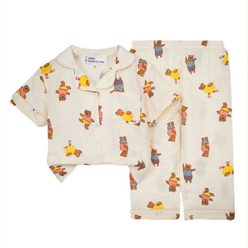 Dancing Bear print soft Mulsin organic Cotton Kids Nightsuit - Little Surprise BoxDancing Bear print soft Mulsin organic Cotton Kids Nightsuit