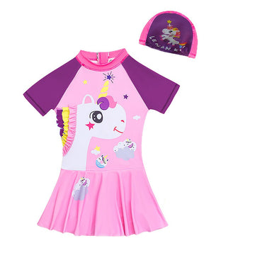 Frill Unicorn Frock style Kids Swimwear with attached shorts and matching Swim Cap - Little Surprise BoxFrill Unicorn Frock style Kids Swimwear with attached shorts and matching Swim Cap