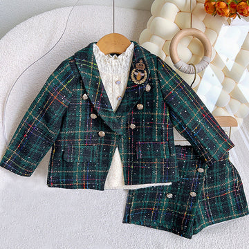 Bottle Green Scottish Style Tweed 2 pcs, Jacket and Shorts Winterwear set for Girls.