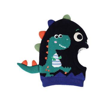 Knitted Blue Border Dino theme Winter Cap covering Neck , Ears and Head - Little Surprise BoxKnitted Blue Border Dino theme Winter Cap covering Neck , Ears and Head