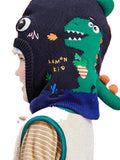 Knitted Blue Border Dino theme Winter Cap covering Neck , Ears and Head - Little Surprise BoxKnitted Blue Border Dino theme Winter Cap covering Neck , Ears and Head