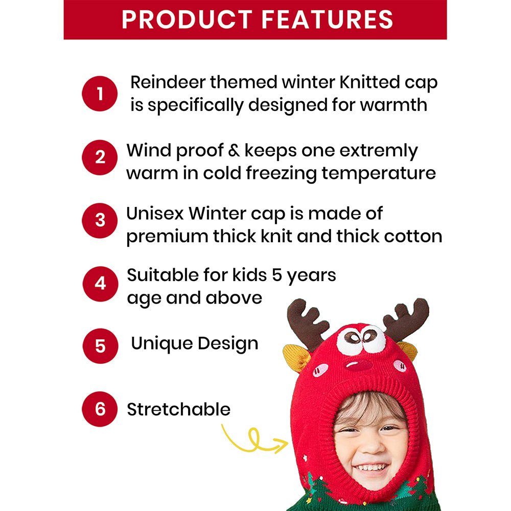 Knitted Christmas Reindeer theme Winter Cap covering Neck , Ears and Head - Little Surprise BoxKnitted Christmas Reindeer theme Winter Cap covering Neck , Ears and Head