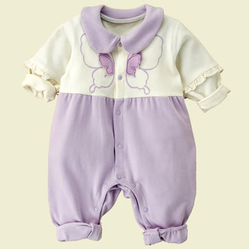 Purple & Cream Butterfly full sleeves jumpsuit style Romper for Tiny Toddlers