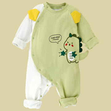 Green Star Dino full sleeves jumpsuit style Romper for Tiny Toddlers