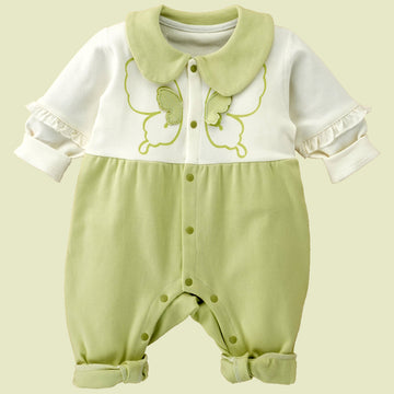 Green & Cream Butterfly full sleeves jumpsuit style Romper for Tiny Toddlers