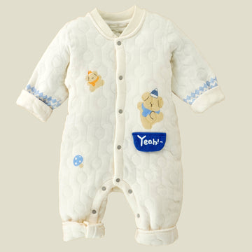 Quilted Cream & Blue Winterwear, full sleeves Romper for Tiny Toddlers