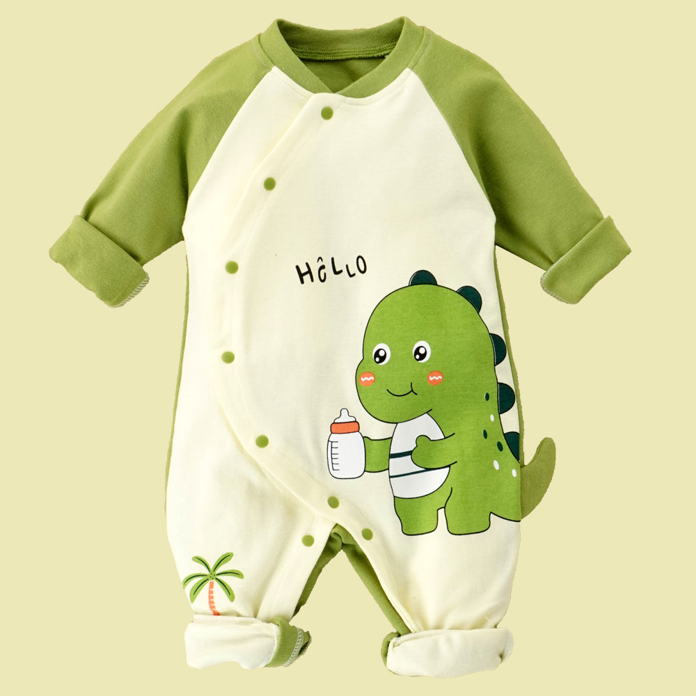 Green Baby Bottle Dino full sleeves jumpsuit style Romper for Tiny Toddlers