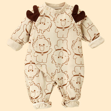 3D Brown Eared Reindeer theme full sleeves jumpsuit Romper for tiny toddlers