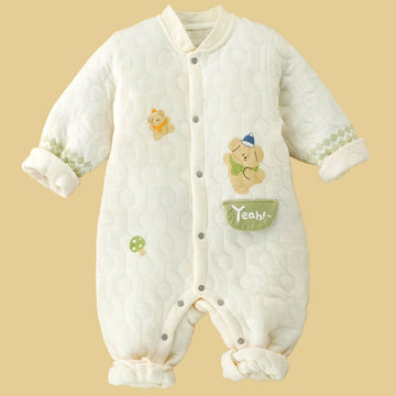 Quilted Cream & Green Winterwear, full sleeves Romper for Tiny Toddlers