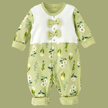 Green Bow & Florals full sleeves jumpsuit style Romper for Tiny Toddlers