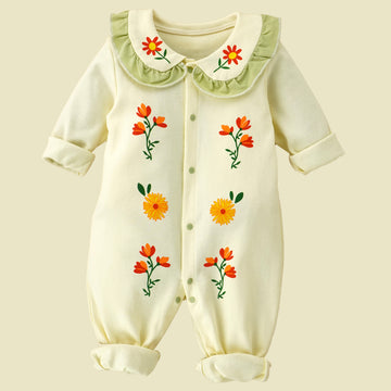 Cream Ruffled Green neck Floaral pattern full sleeves Romper for Tiny Toddlers
