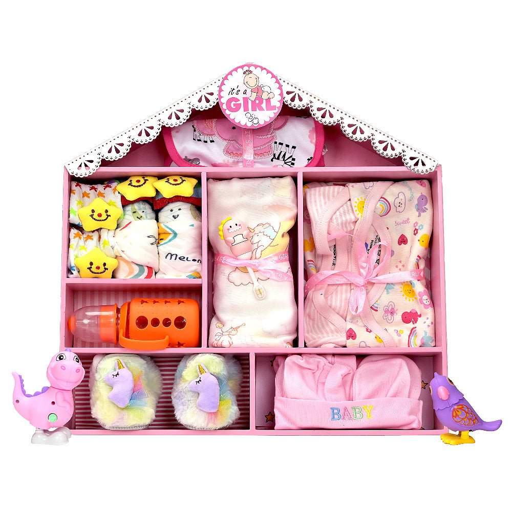 Newborn Baby Girl Wooden Dollhouse Gift Hamper (0-12 months