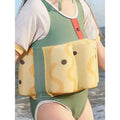 Olive & Yellow Curves Print Kids Swimsuit with attached Swim Floats + tie up cap in UPF 50+ - Little Surprise BoxOlive & Yellow Curves Print Kids Swimsuit with attached Swim Floats + tie up cap in UPF 50+