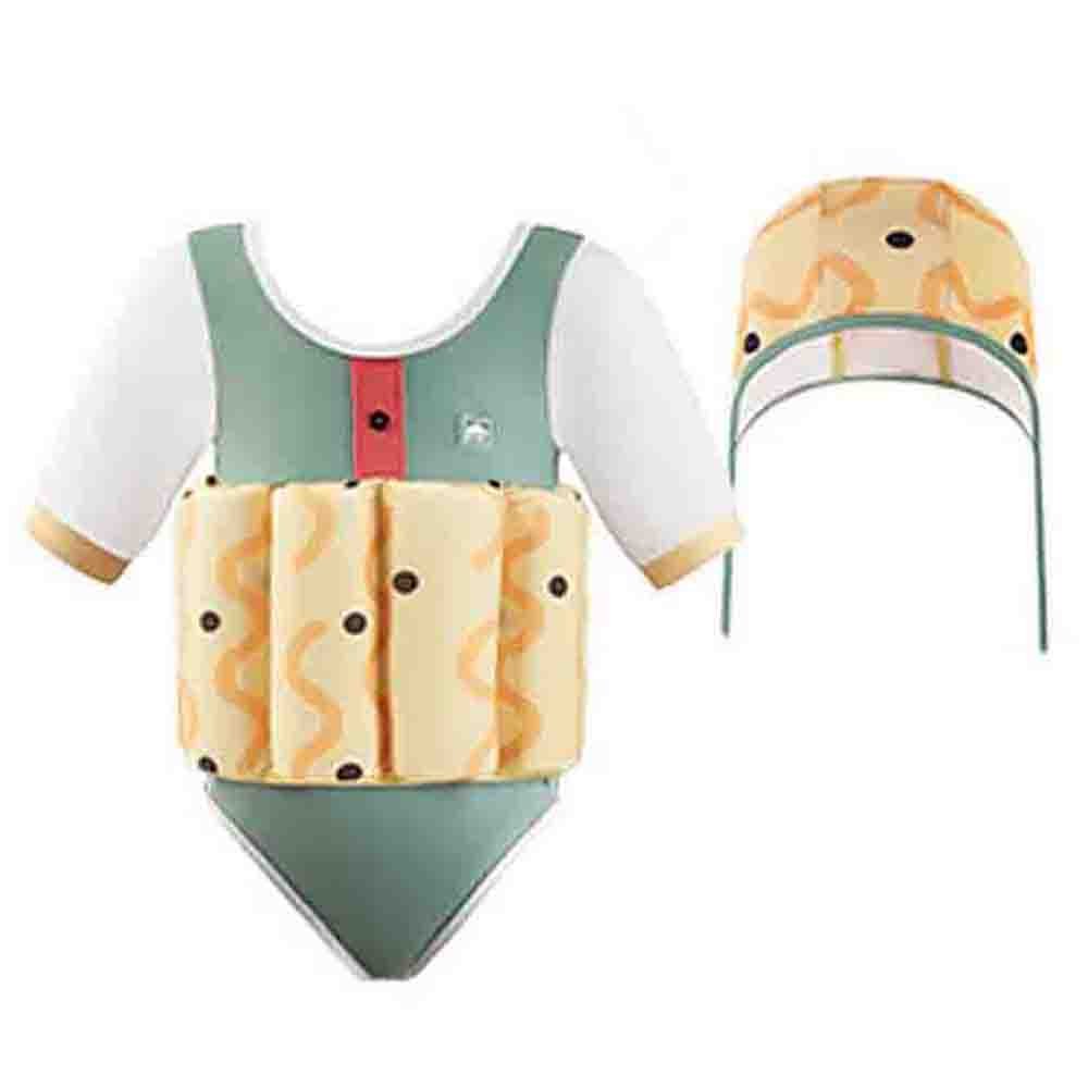 Olive & Yellow Curves Print Kids Swimsuit with attached Swim Floats + tie up cap in UPF 50+ - Little Surprise BoxOlive & Yellow Curves Print Kids Swimsuit with attached Swim Floats + tie up cap in UPF 50+