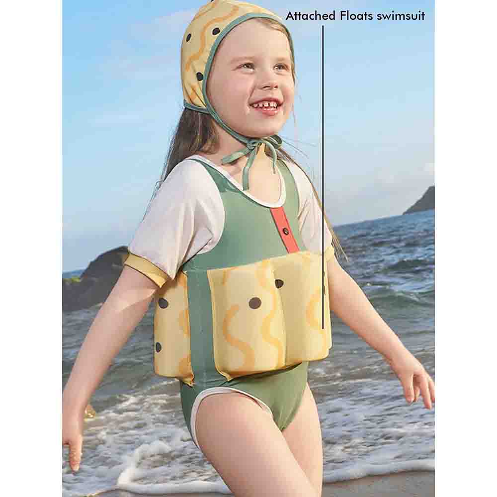 Olive & Yellow Curves Print Kids Swimsuit with attached Swim Floats + tie up cap in UPF 50+ - Little Surprise BoxOlive & Yellow Curves Print Kids Swimsuit with attached Swim Floats + tie up cap in UPF 50+