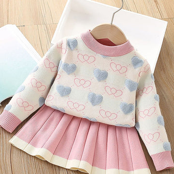 Pink & Occur Pleated Bow 2 pcs top & Skirt Winterwear set for Girls - Little Surprise BoxPink & Occur Pleated Bow 2 pcs top & Skirt Winterwear set for Girls