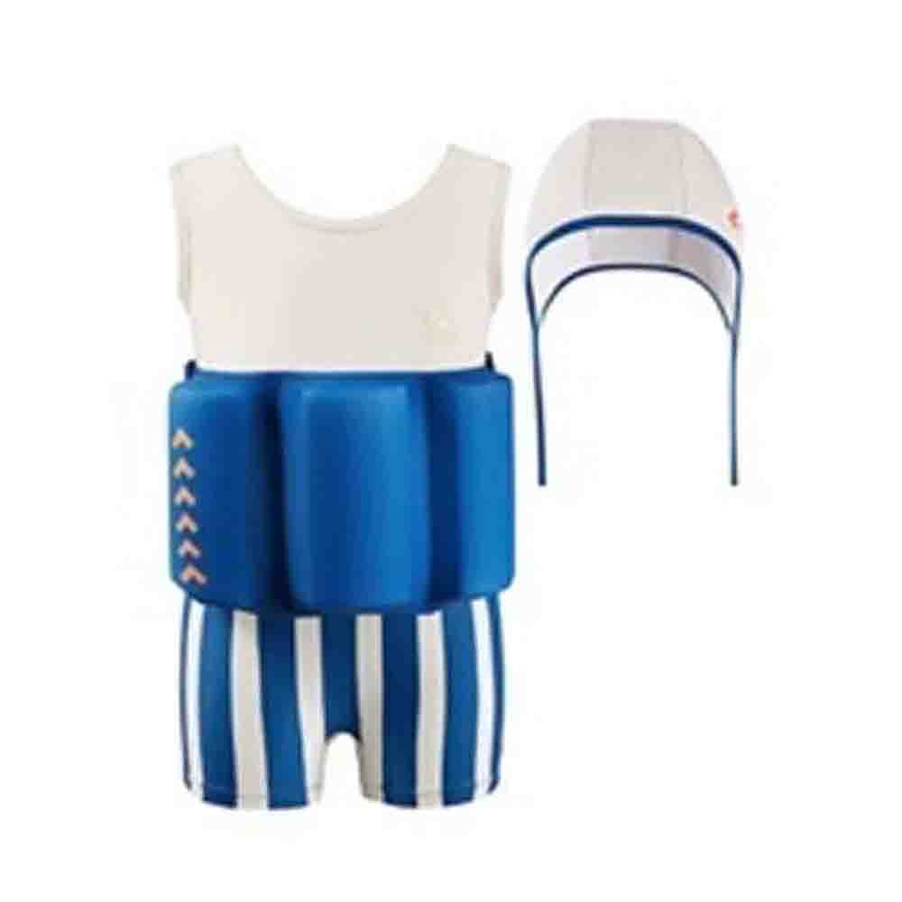 White & Blue Stripes Kids Swimsuit with attached Swim Floats +tie up cap in UPF 50+ - Little Surprise BoxWhite & Blue Stripes Kids Swimsuit with attached Swim Floats +tie up cap in UPF 50+