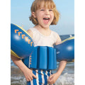 White & Blue Stripes Kids Swimsuit with attached Swim Floats +tie up cap in UPF 50+ - Little Surprise BoxWhite & Blue Stripes Kids Swimsuit with attached Swim Floats +tie up cap in UPF 50+