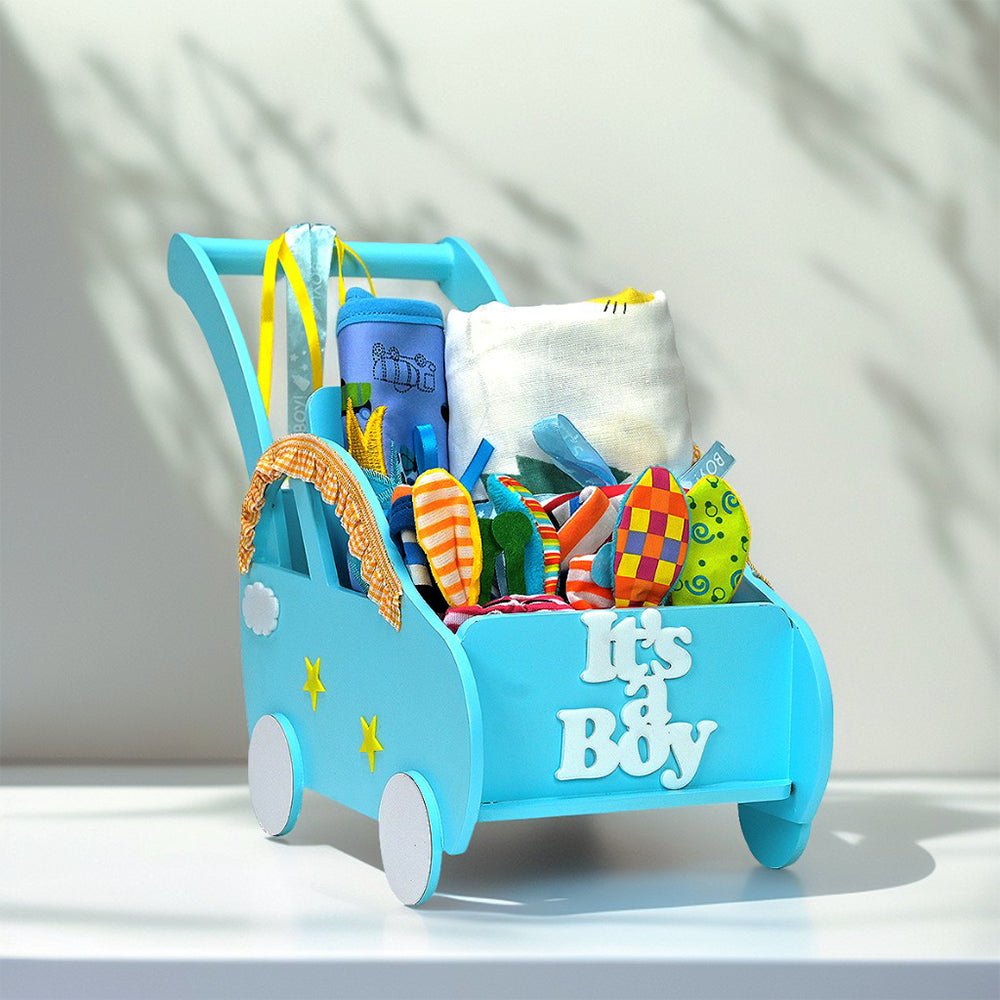 Wooden Pram Hamper for Newborn Baby Boy (0 - 12months) - Little Surprise BoxWooden Pram Hamper for Newborn Baby Boy (0 - 12months)