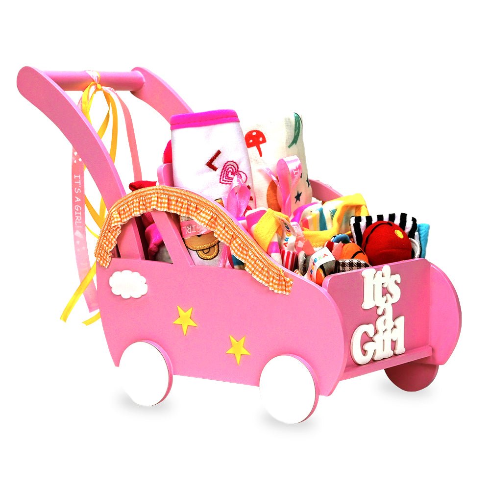 Wooden Pram Hamper for Newborn Baby Girl (0 - 12months) - Little Surprise BoxWooden Pram Hamper for Newborn Baby Girl (0 - 12months)