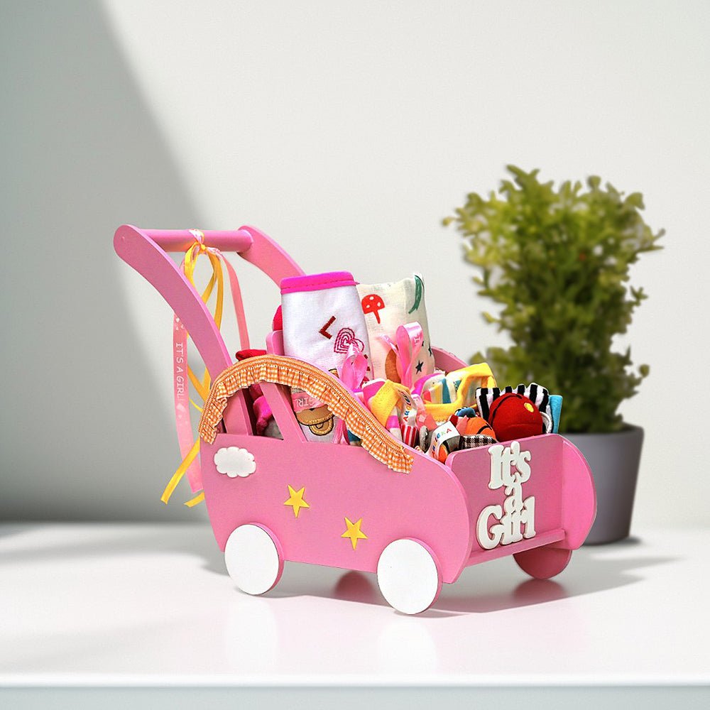 Wooden Pram Hamper for Newborn Baby Girl (0 - 12months) - Little Surprise BoxWooden Pram Hamper for Newborn Baby Girl (0 - 12months)
