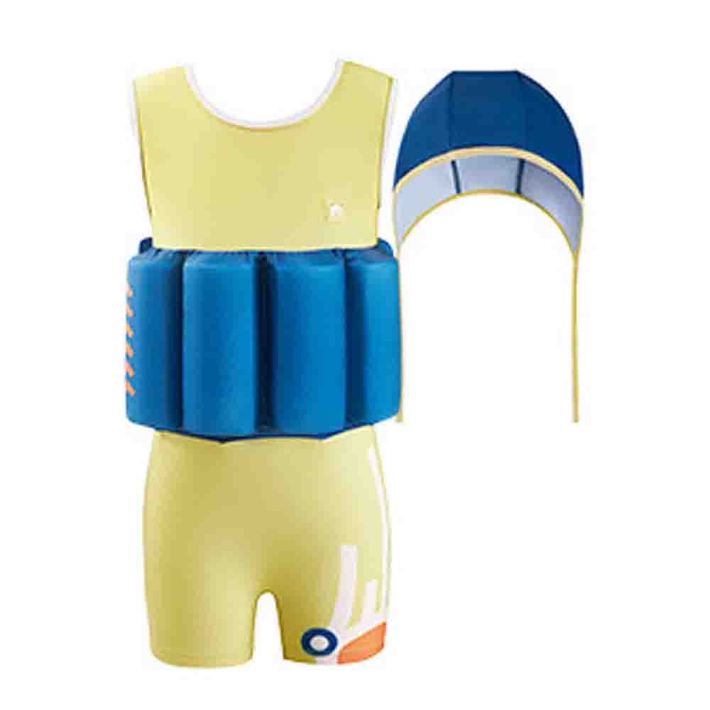 Yellow & Blue Kids Swimsuit with attached Swim Floats +tie up cap in UPF 50+ - Little Surprise BoxYellow & Blue Kids Swimsuit with attached Swim Floats +tie up cap in UPF 50+