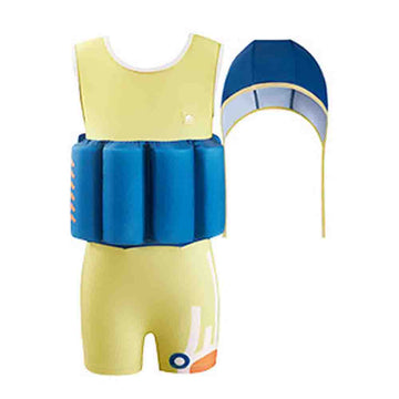 Yellow & Blue Kids Swimsuit with attached Swim Floats +tie up cap in UPF 50+ - Little Surprise BoxYellow & Blue Kids Swimsuit with attached Swim Floats +tie up cap in UPF 50+