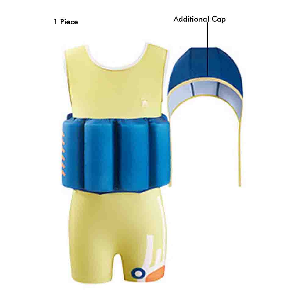Yellow & Blue Kids Swimsuit with attached Swim Floats +tie up cap in UPF 50+ - Little Surprise BoxYellow & Blue Kids Swimsuit with attached Swim Floats +tie up cap in UPF 50+