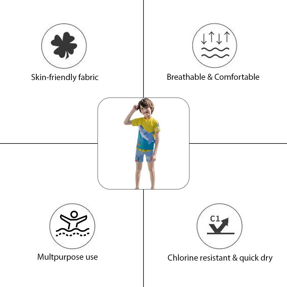 Yellow & Blue Shark Beach Theme Shirt & Shorts Swimwear for Kids - Little Surprise BoxYellow & Blue Shark Beach Theme Shirt & Shorts Swimwear for Kids - Little Surprise BoxYellow & Blue Shark Beach Theme Shirt & Shorts Swimwear for Kids